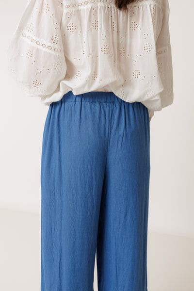 INDI AND COLD EMBROIDERED HEM PANT BLUE VISCOSE LINEN