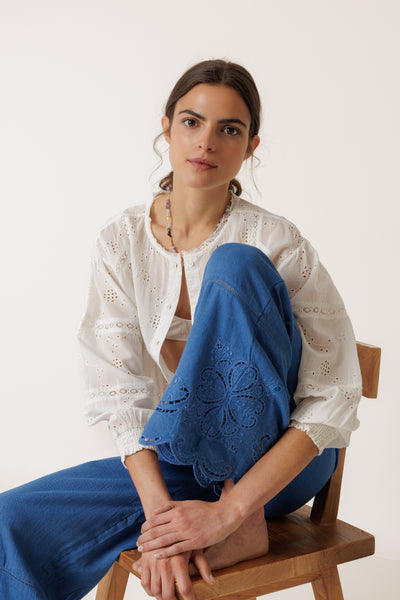 INDI AND COLD EMBROIDERED HEM PANT BLUE VISCOSE LINEN