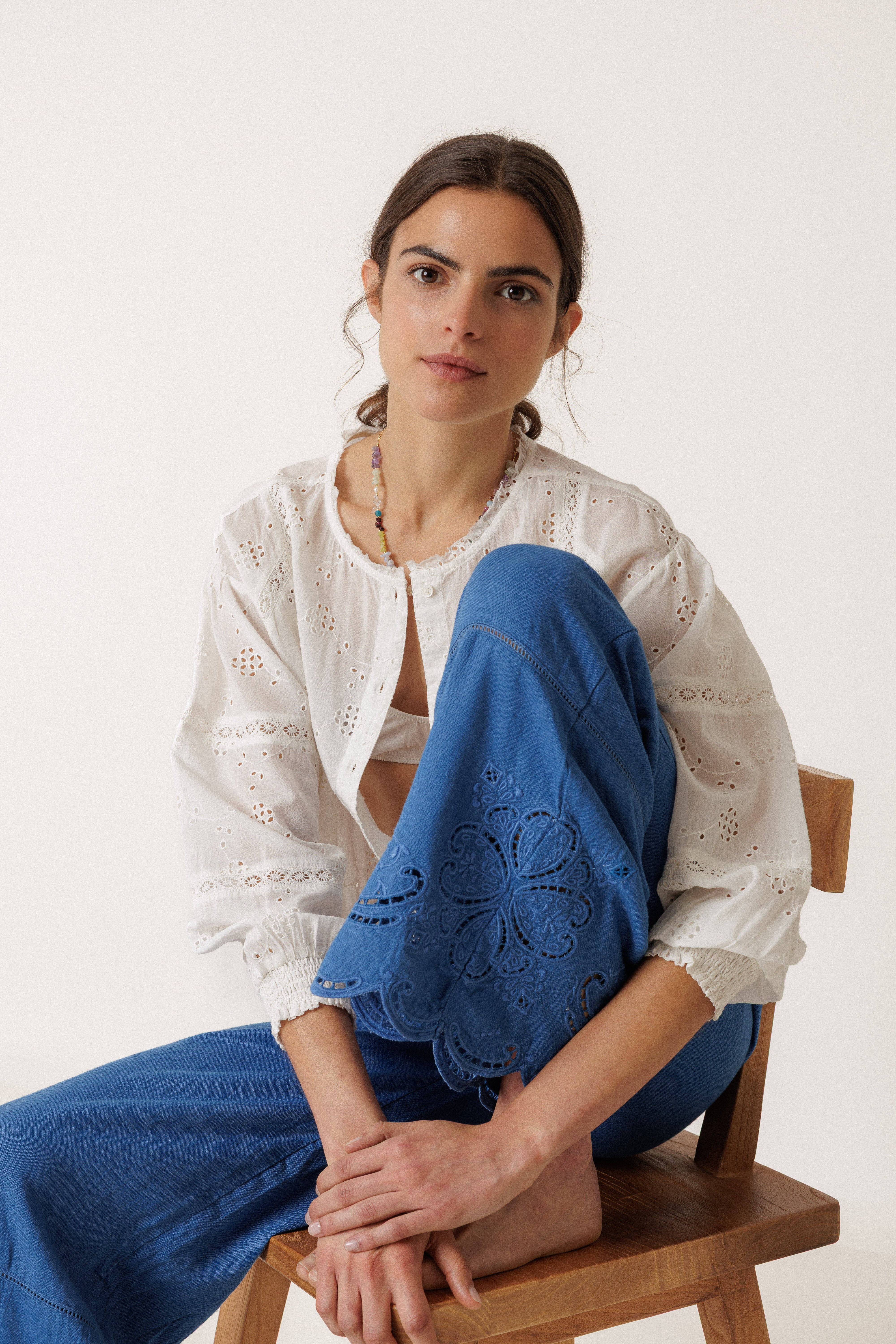 INDI AND COLD EMBROIDERED HEM PANT BLUE VISCOSE LINEN