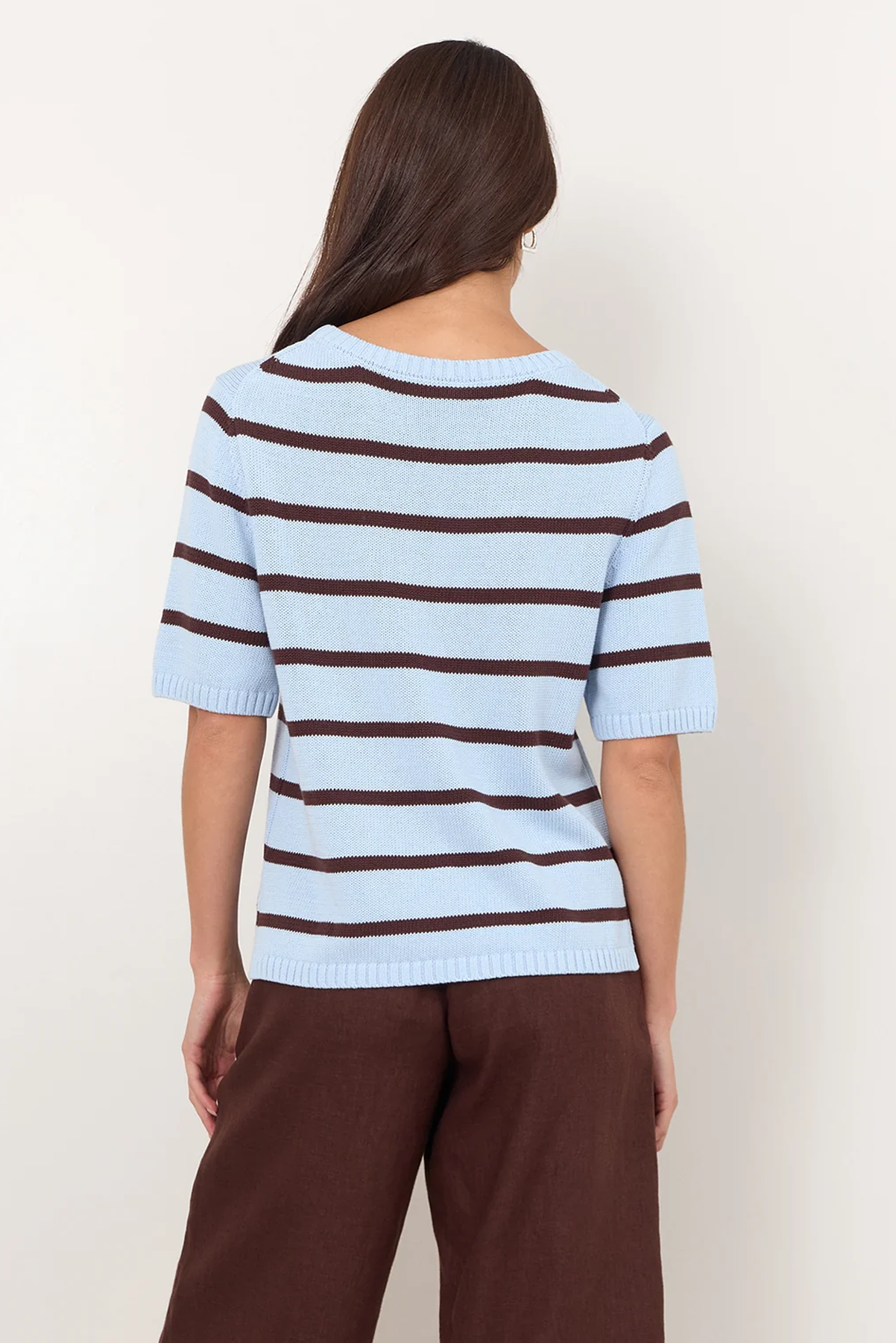 ADORNE KAI KNIT TOP LINEN KNIT TEE STRIPE CREAM AND BLACK BLUE AND BROWN