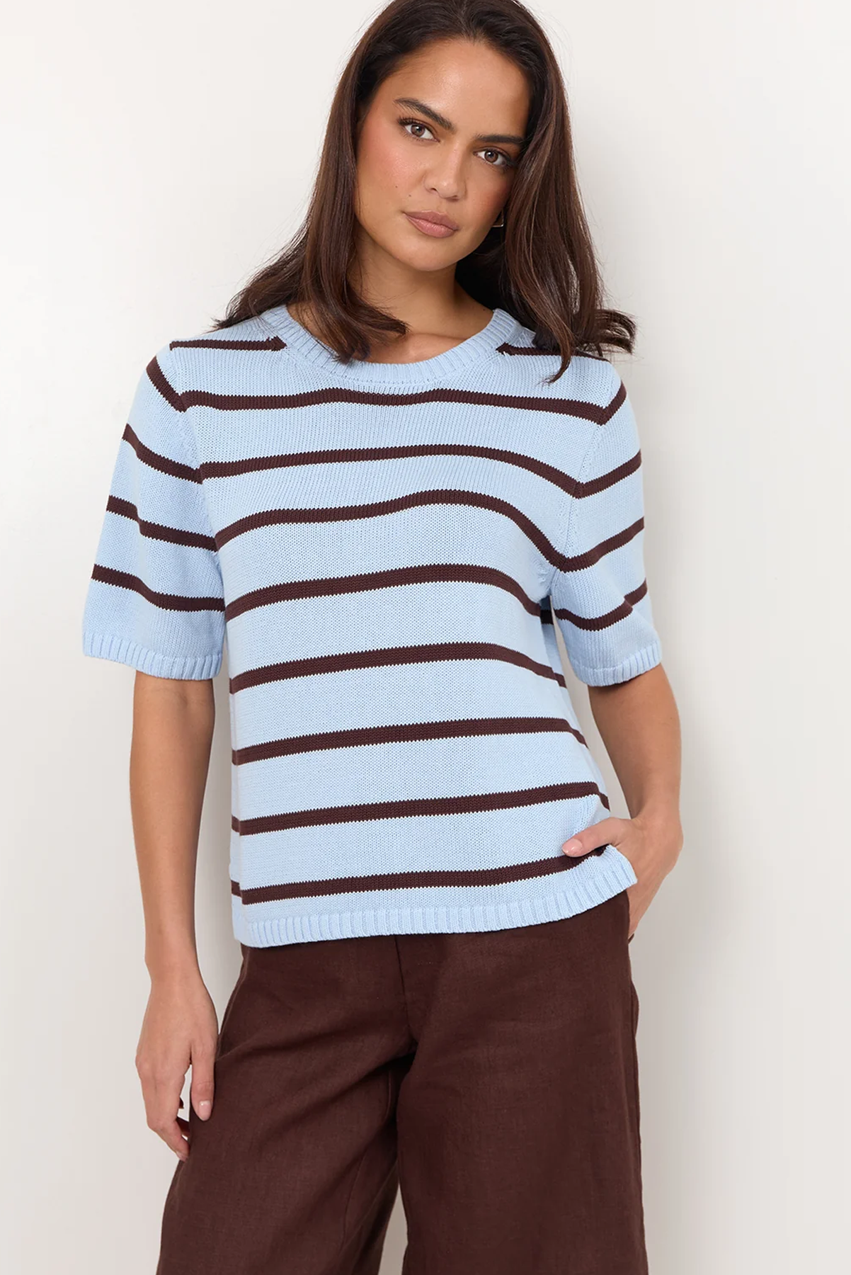 ADORNE KAI KNIT TOP LINEN KNIT TEE STRIPE CREAM AND BLACK BLUE AND BROWN