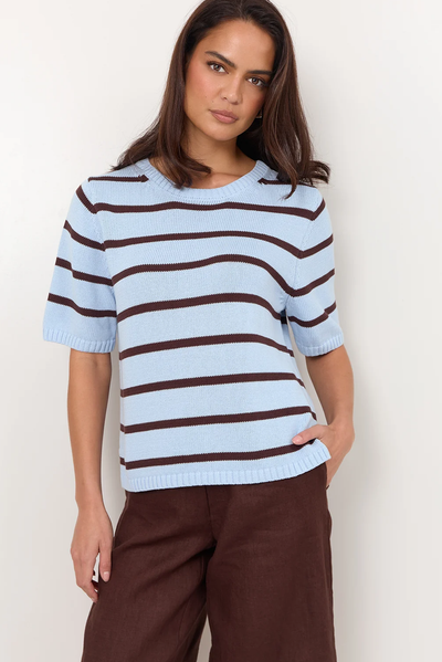 ADORNE KAI KNIT TOP LINEN KNIT TEE STRIPE CREAM AND BLACK BLUE AND BROWN