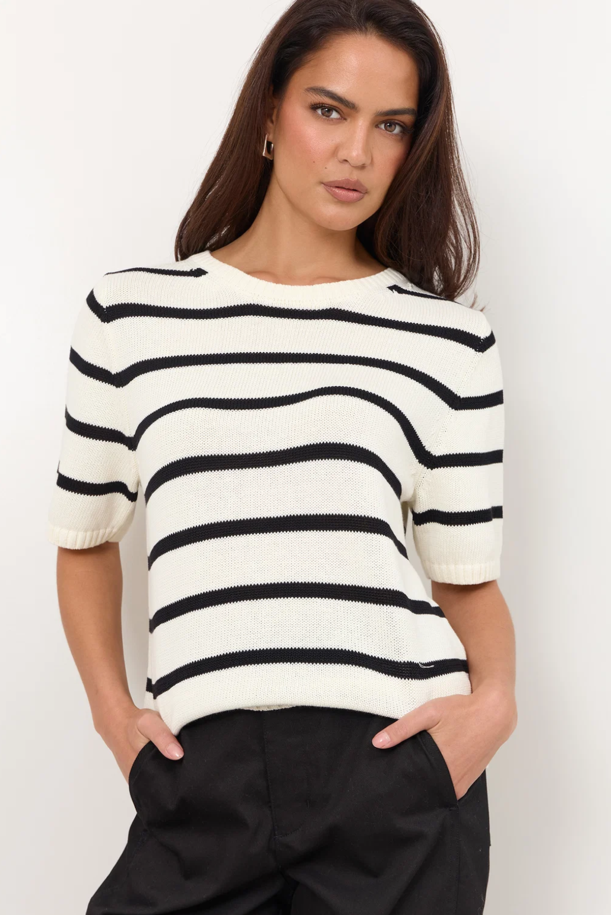 ADORNE KAI KNIT TOP LINEN KNIT TEE STRIPE CREAM AND BLACK BLUE AND BROWN