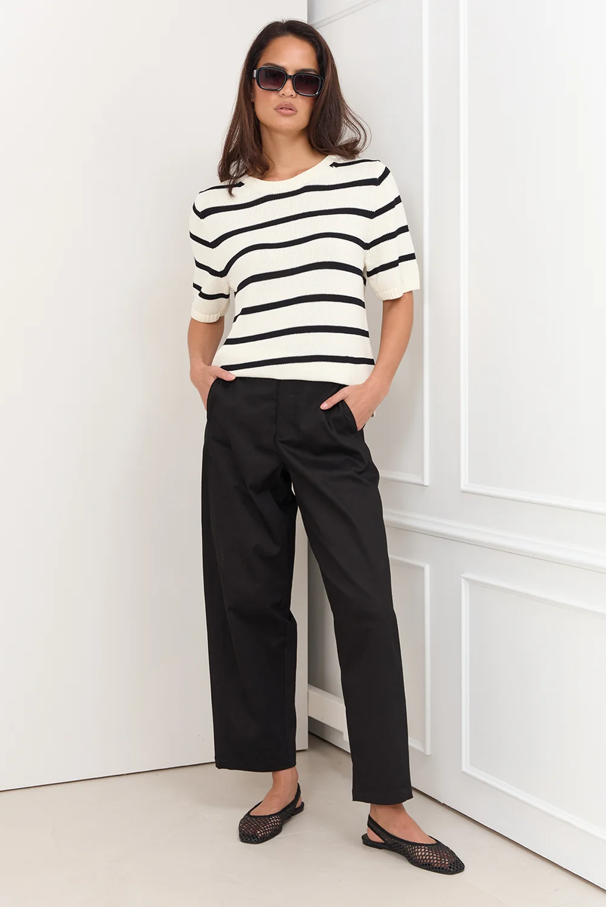 ADORNE KAI KNIT TOP LINEN KNIT TEE STRIPE CREAM AND BLACK BLUE AND BROWN