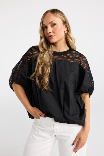INK LATTICE TOP WHITE BLACK LATTICE CUT OUT DETAIL TOP HALF SLEEVES BOXY OVERSIZED