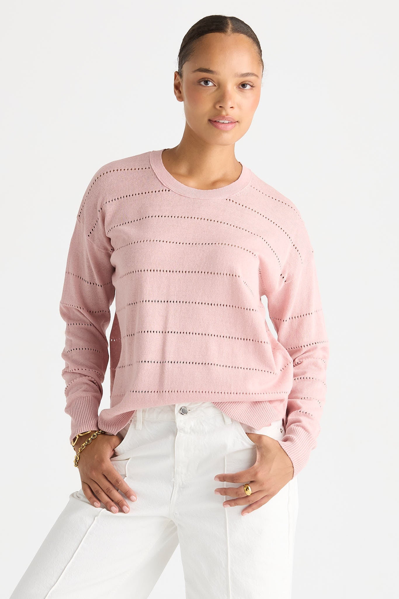LD + CO TEXTURED LINEN JUMPER ICED ROSE WHITE KNIT SWEATER