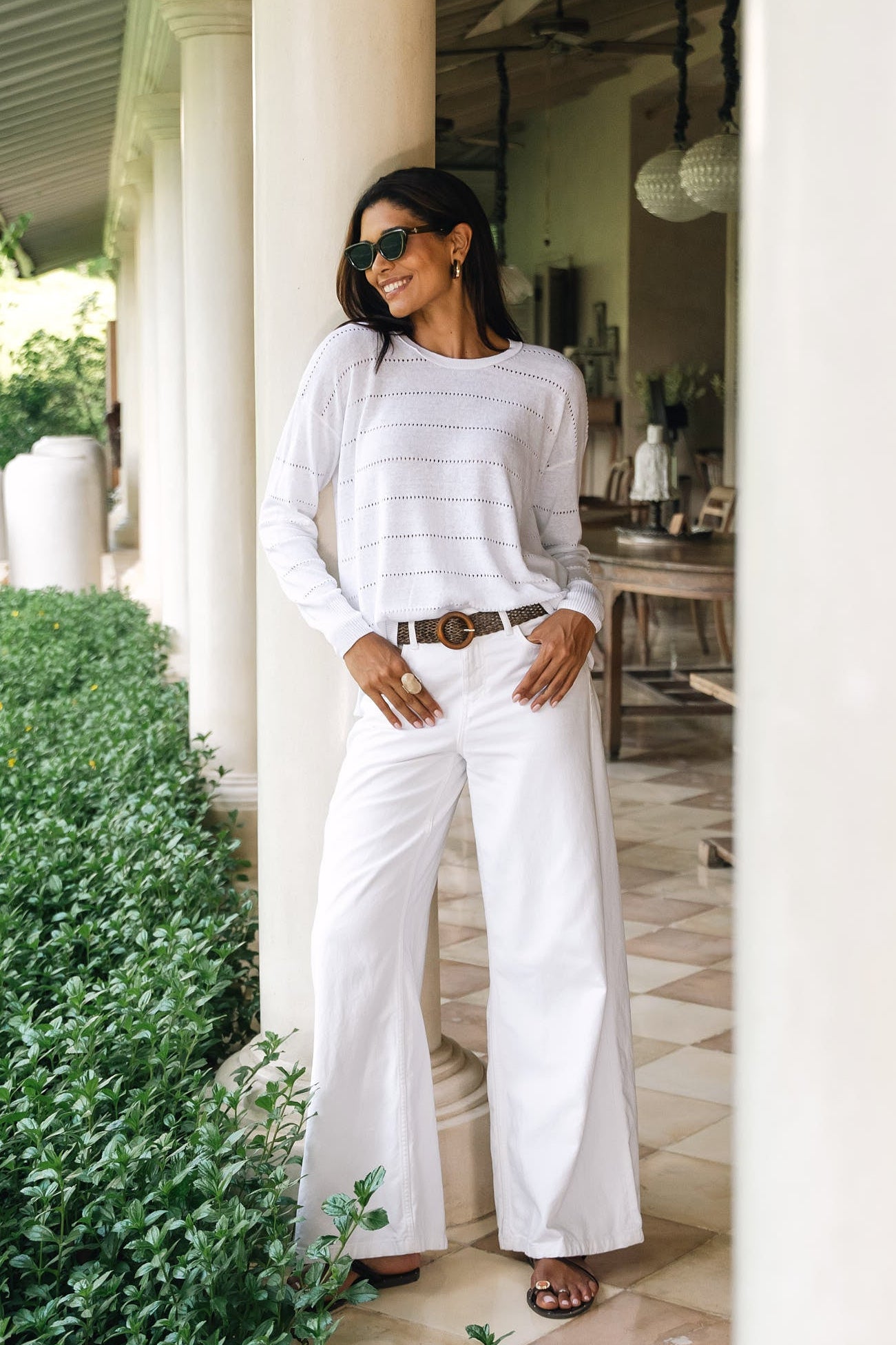 LD + CO TEXTURED LINEN JUMPER ICED ROSE WHITE KNIT SWEATER