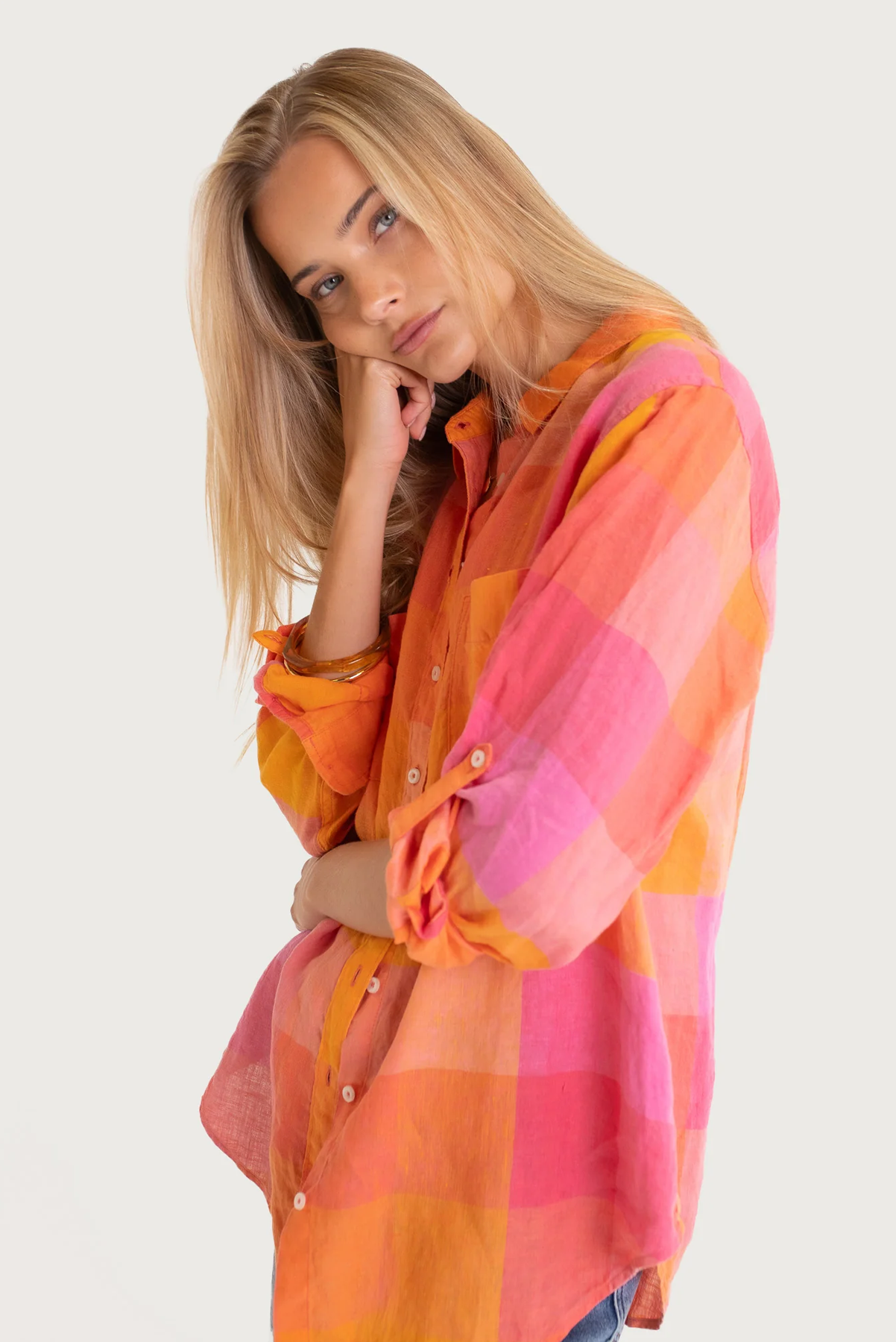 HUT CLOTHING BOYFRIEND LINEN SHIRT CHECK ORANGE PINK SUNSET BUTTON UP