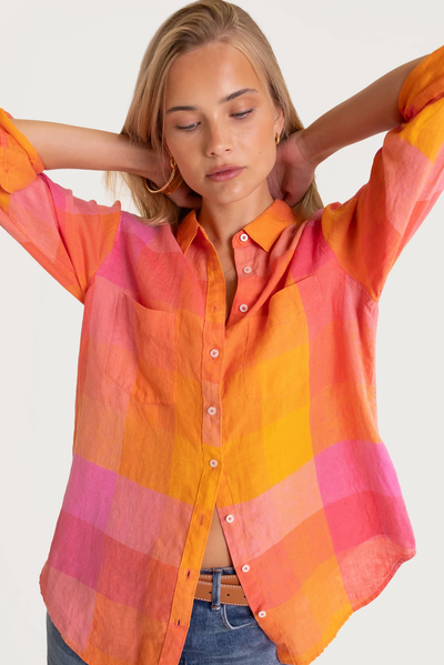 HUT CLOTHING BOYFRIEND LINEN SHIRT CHECK ORANGE PINK SUNSET BUTTON UP