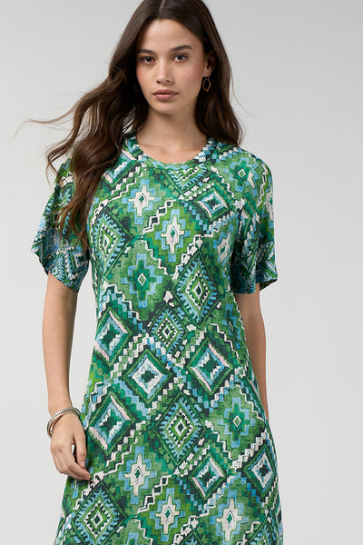 LOOBIES STORY SHINHALA DRESS VISCOSE RAYON SPANDEX GREEN PRINT MIDI DRESS