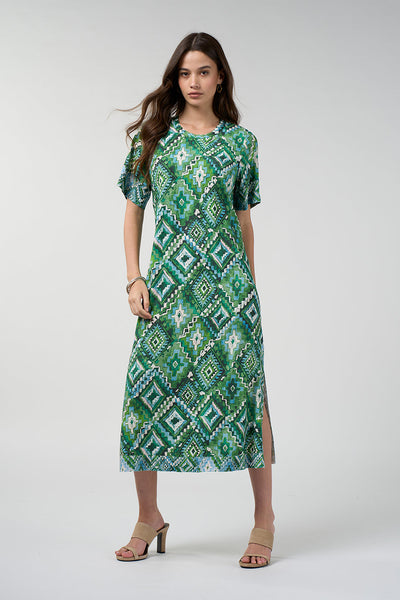 LOOBIES STORY SHINHALA DRESS VISCOSE RAYON SPANDEX GREEN PRINT MIDI DRESS