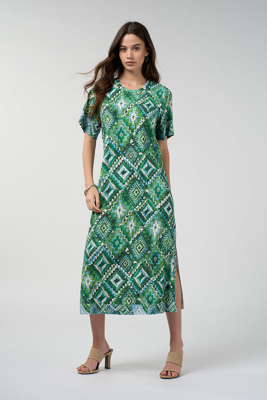 LOOBIES STORY SHINHALA DRESS VISCOSE RAYON SPANDEX GREEN PRINT MIDI DRESS