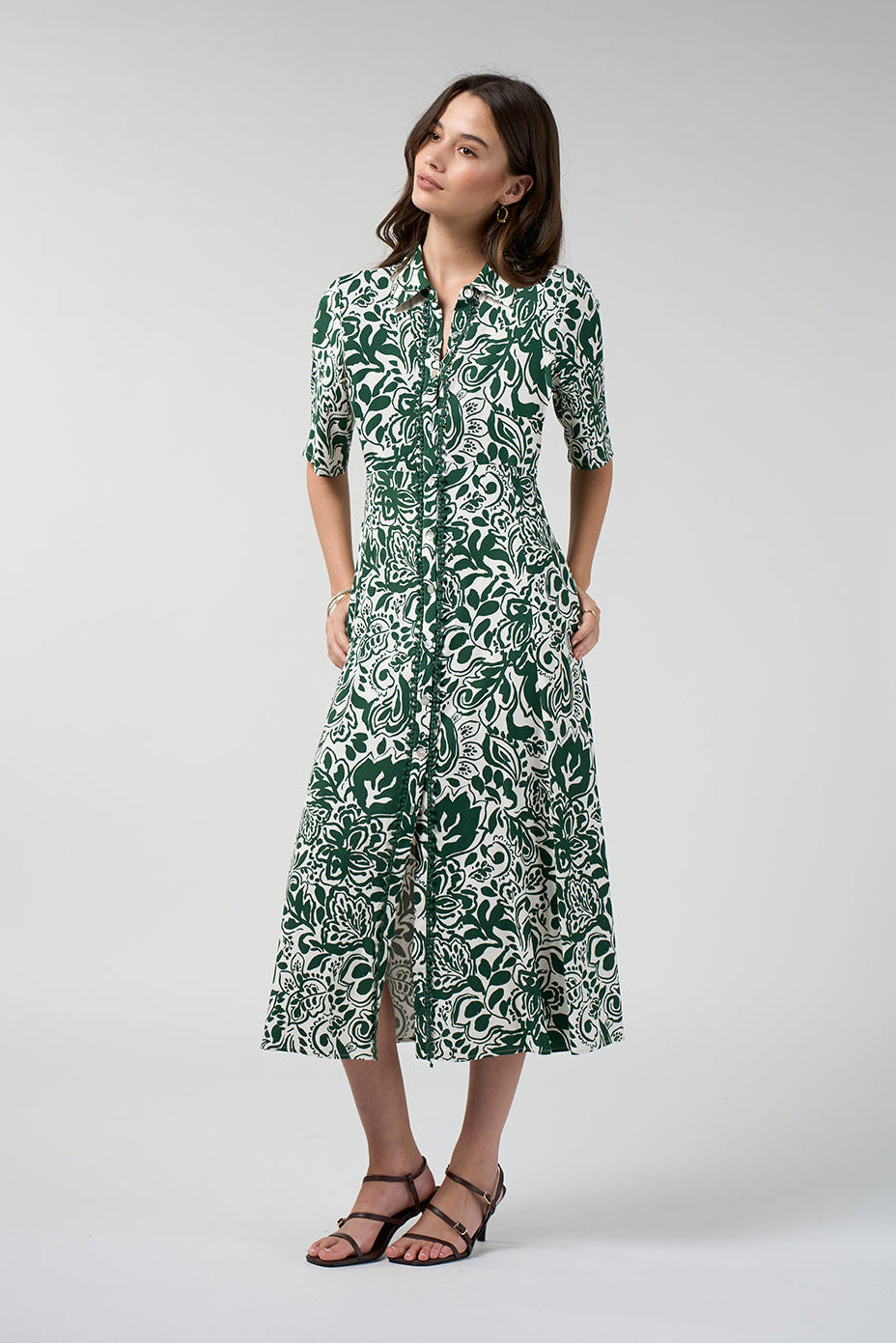 LOOBIES STORY TEARDROP SHIRT DRESS VISCOSE RAYON SPANDEX GREEN MIDI DRESS