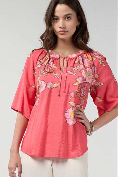 LOOBIES STORY MIRISSA TOP RAYON NYLON CORAL INDIGO FLORAL BLOUSE