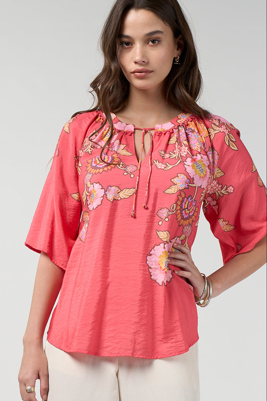 LOOBIES STORY MIRISSA TOP RAYON NYLON CORAL INDIGO FLORAL BLOUSE