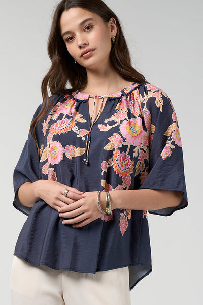LOOBIES STORY MIRISSA TOP RAYON NYLON CORAL INDIGO FLORAL BLOUSE