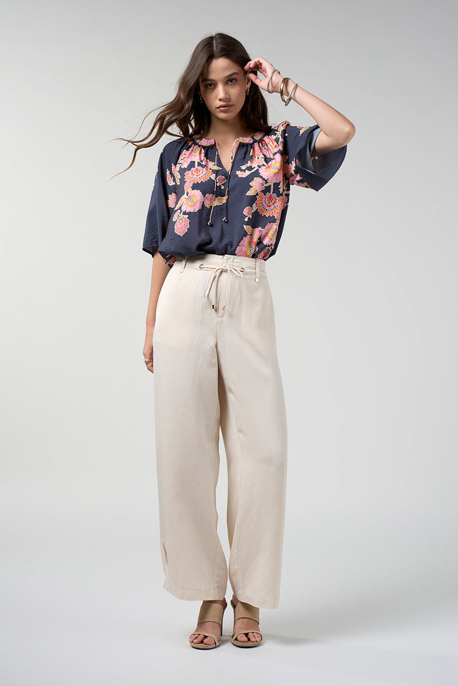 LOOBIES STORY MIRISSA TOP RAYON NYLON CORAL INDIGO FLORAL BLOUSE