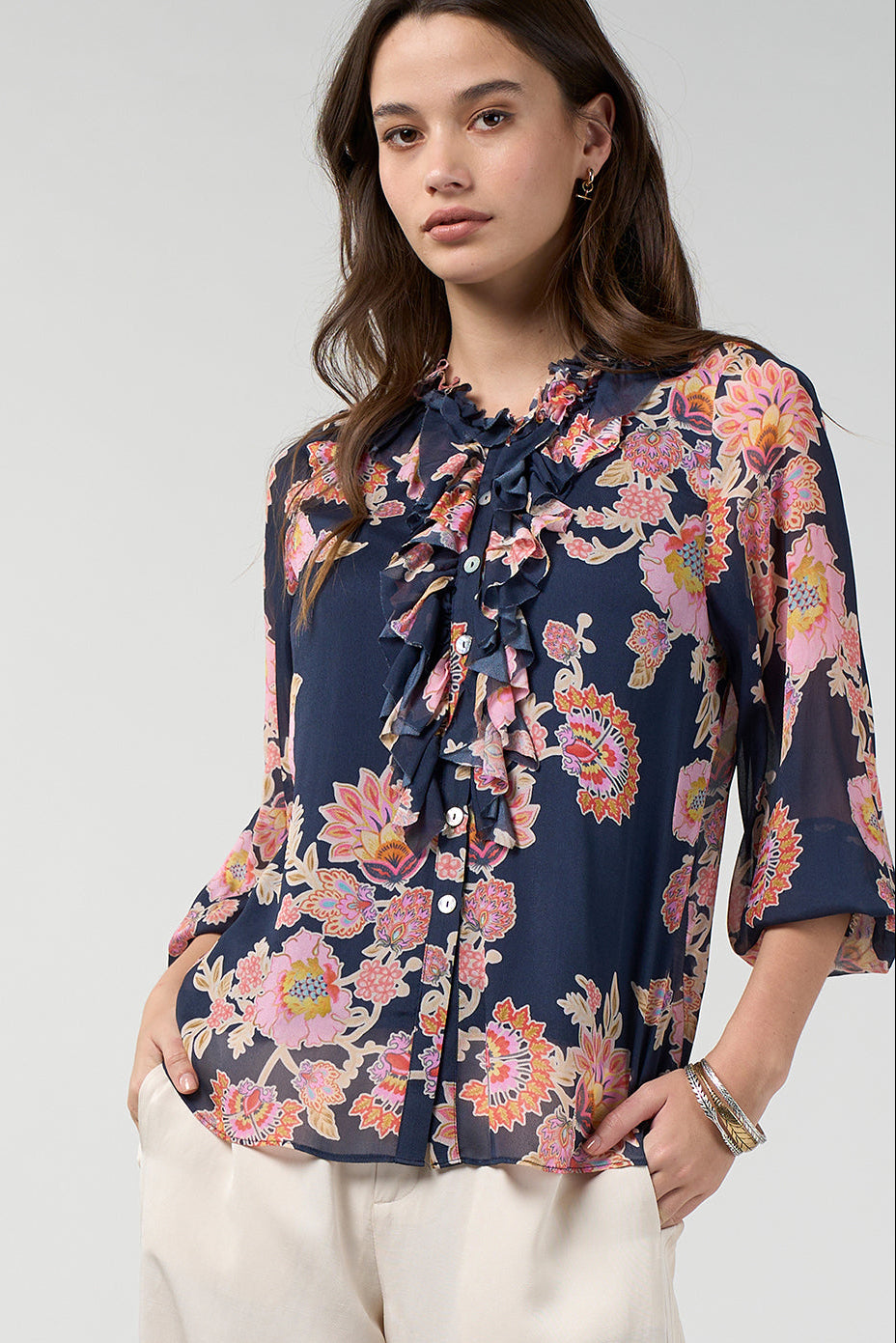 LOOBIES STORY MIRISSA BLOUSE VISCOSE NAVY INDIGO PINK FLORAL TOP