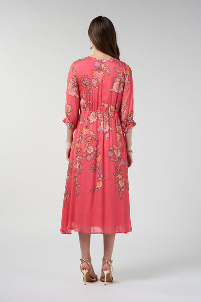 LOOBIES STORY MIRISSA MIDI DRESS CORAL PINK INDIGO FLORAL DRESS