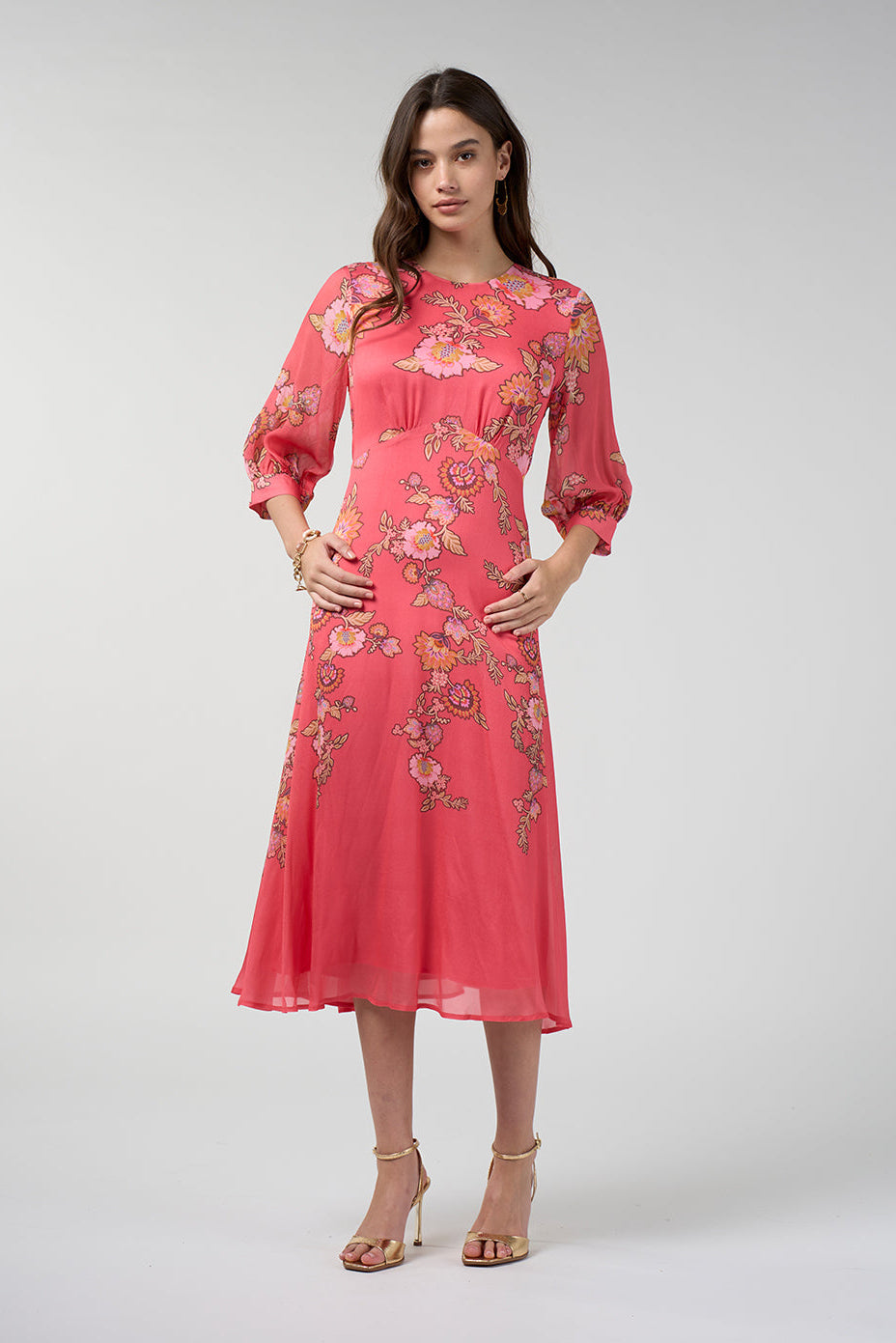 LOOBIES STORY MIRISSA MIDI DRESS CORAL PINK INDIGO FLORAL DRESS