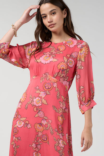 LOOBIES STORY MIRISSA MIDI DRESS CORAL PINK INDIGO FLORAL DRESS