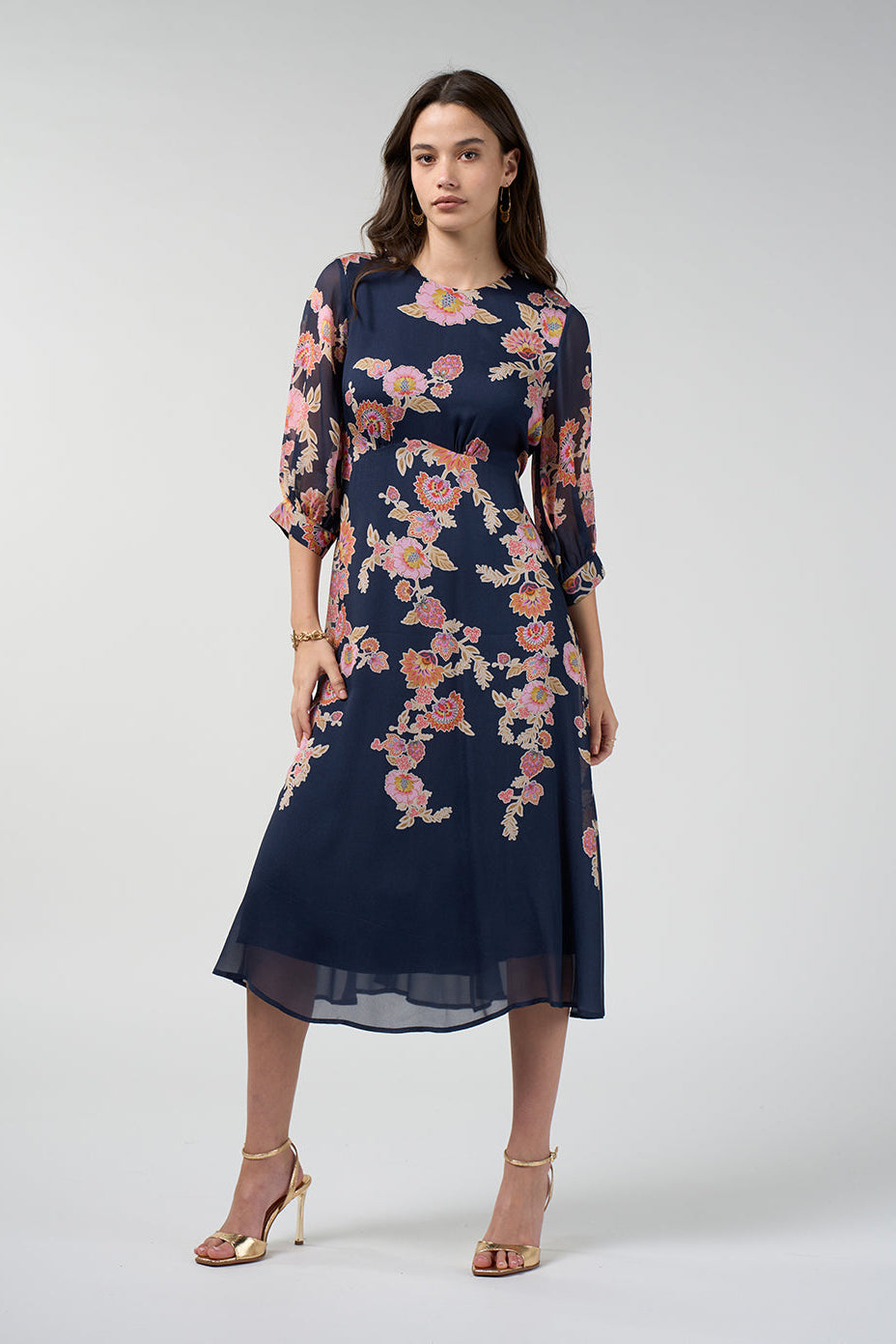 LOOBIES STORY MIRISSA MIDI DRESS CORAL PINK INDIGO FLORAL DRESS