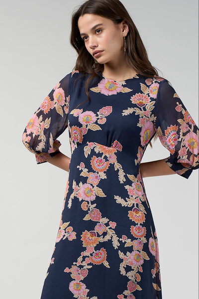 LOOBIES STORY MIRISSA MIDI DRESS CORAL PINK INDIGO FLORAL DRESS