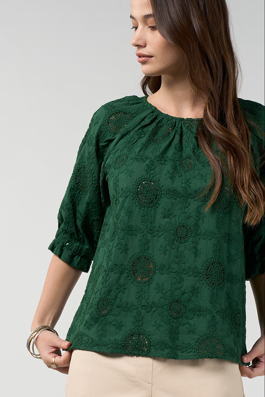 LOOBIES STORY ASMITA TOP COTTON PINK GREEN WHITE BLOUSE EMBROIDERED