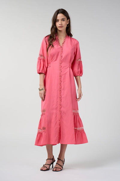 LOOBIES STORY SHALINI MIDI DRESS PINK CORAL TENCEL LINEN 