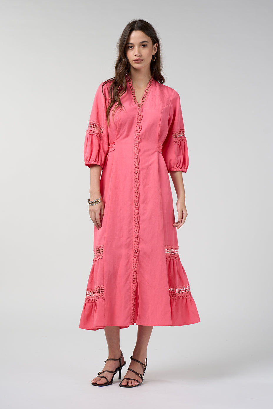 LOOBIES STORY SHALINI MIDI DRESS PINK CORAL TENCEL LINEN 