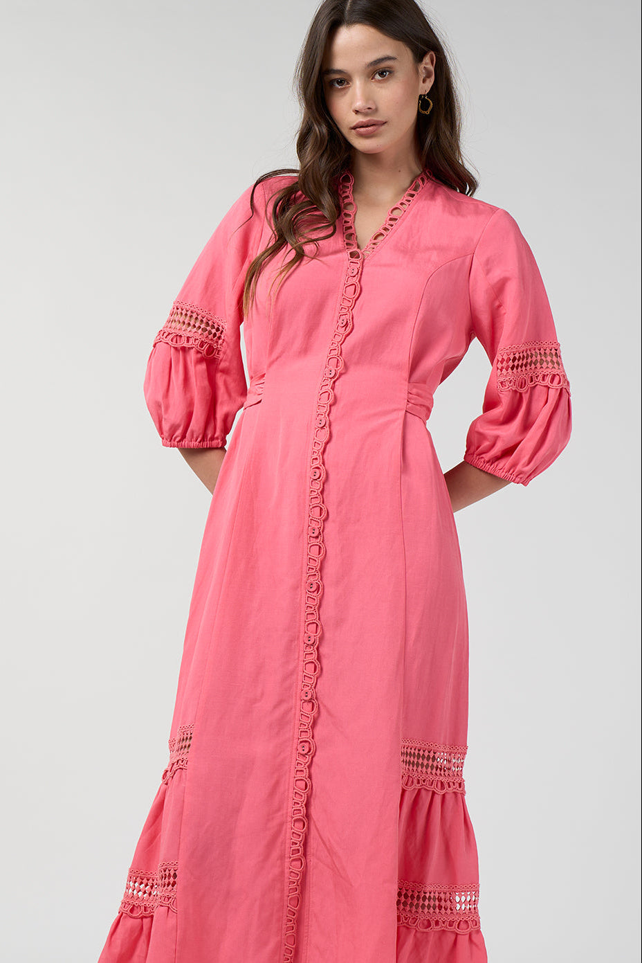 LOOBIES STORY SHALINI MIDI DRESS PINK CORAL TENCEL LINEN 