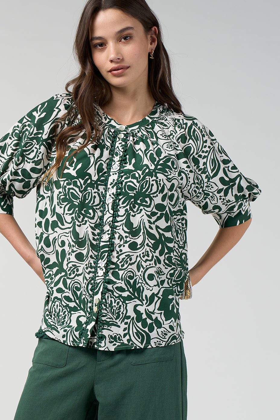 LOOBIES STORY TEARDROP TOP SILK RAYON GREEN BLOUSE