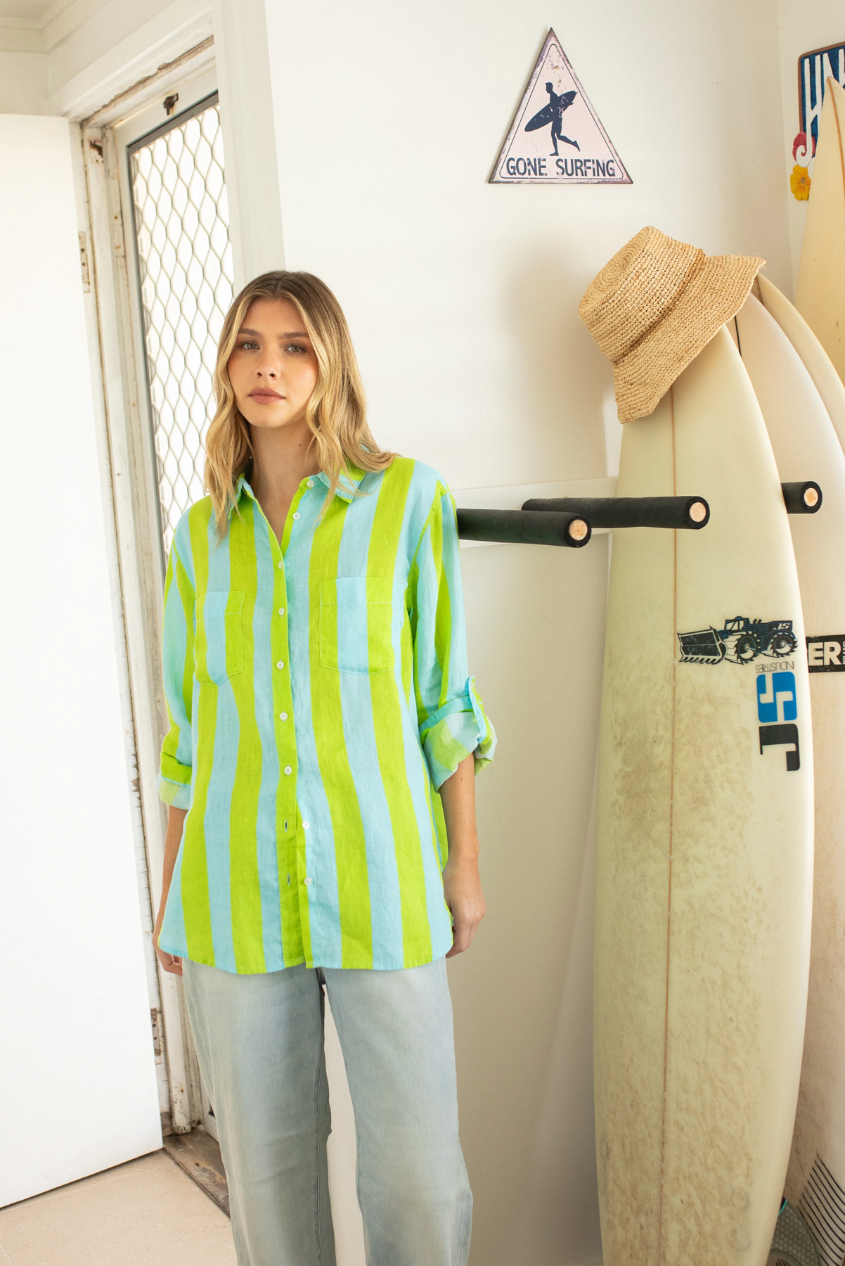 HUT CLOTHING BOYFRIEND LINEN SHIRT GREEN AND BLUE STRIPE TOP
