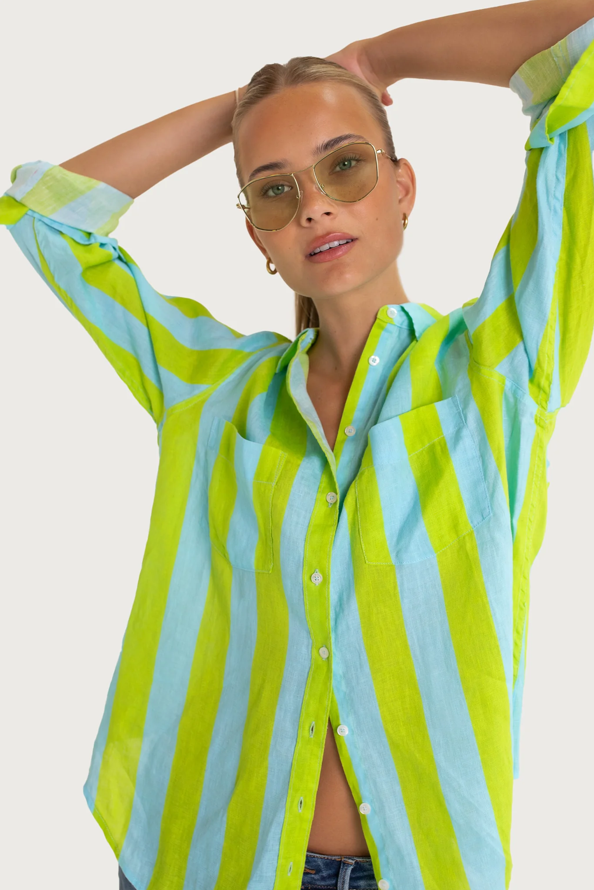 HUT CLOTHING BOYFRIEND LINEN SHIRT GREEN AND BLUE STRIPE TOP