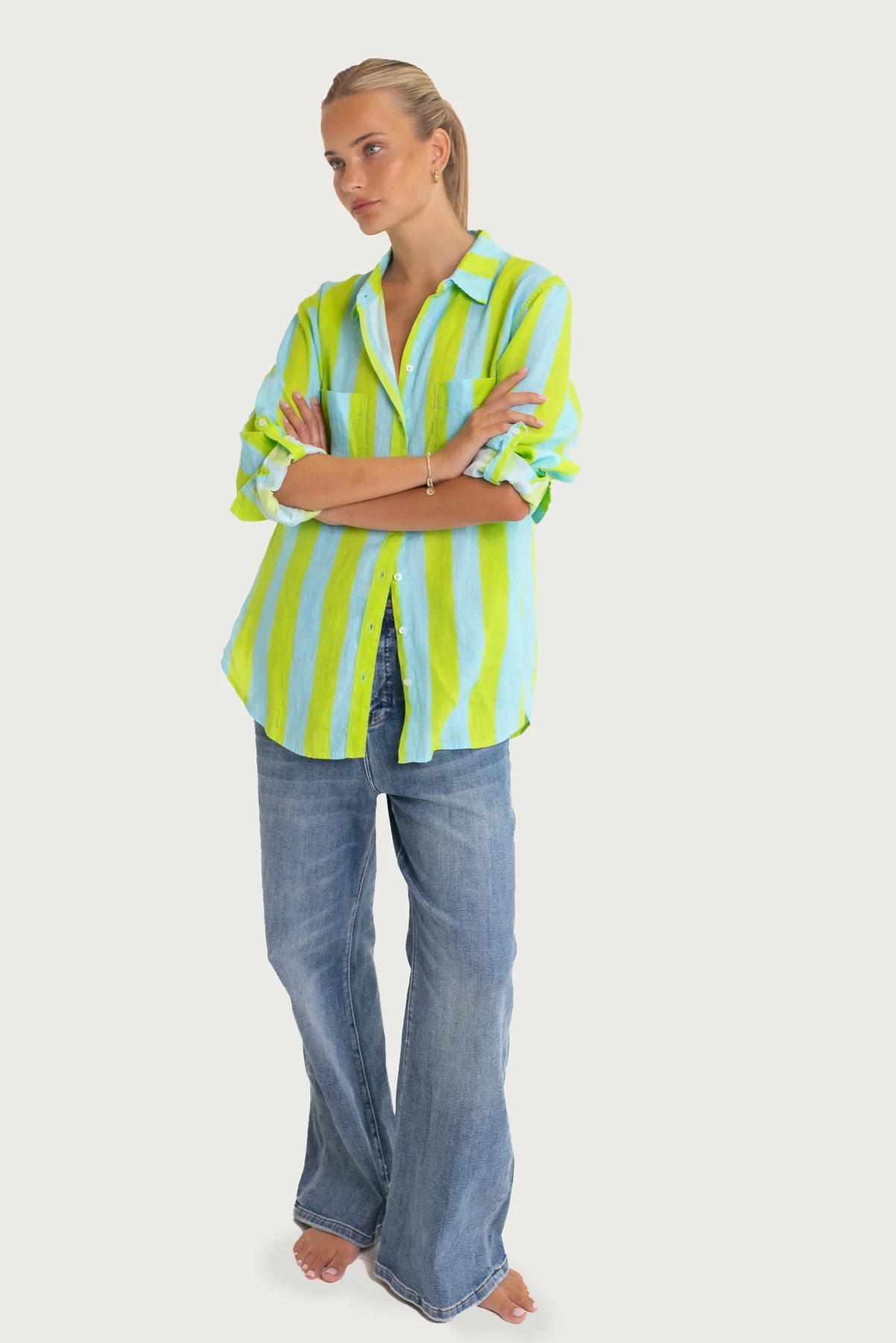 HUT CLOTHING BOYFRIEND LINEN SHIRT GREEN AND BLUE STRIPE TOP