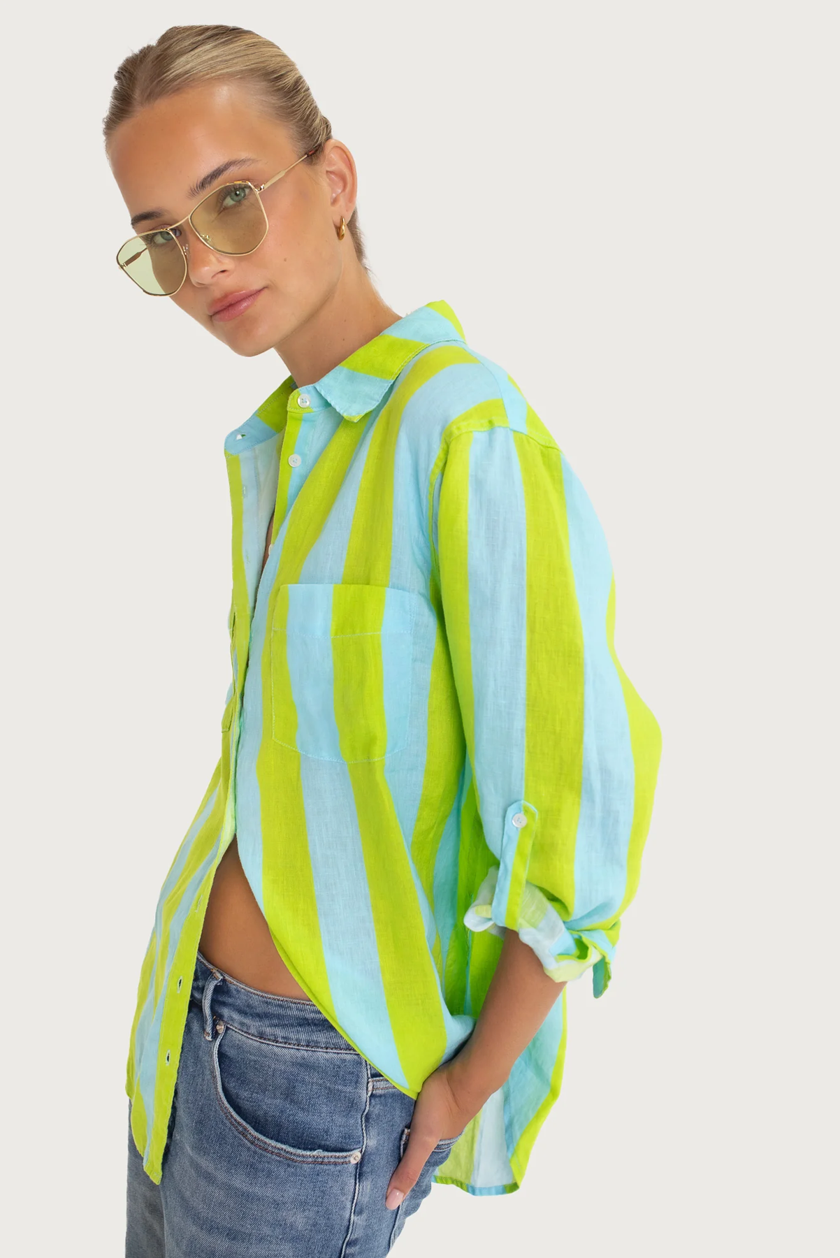 HUT CLOTHING BOYFRIEND LINEN SHIRT GREEN AND BLUE STRIPE TOP