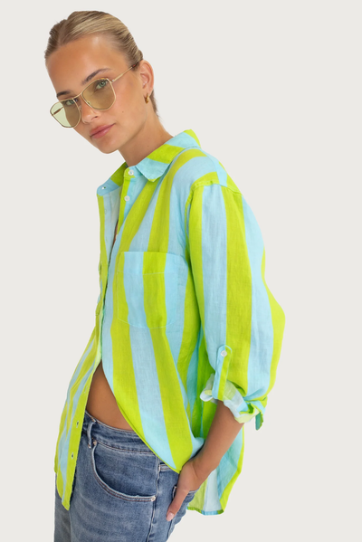 HUT CLOTHING BOYFRIEND LINEN SHIRT GREEN AND BLUE STRIPE TOP