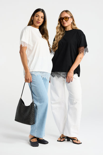 INK MARA TOP WHITE BLACK LACE TRIM TEE LACE TRIM TSHIRT LACE TSHIRT LACE TEE CASUAL TOP SUMMER TOP LACE BOYFRIEND TEE
