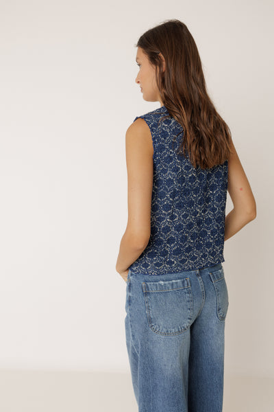 INDI AND COLD ELASTIC VEST WITH TIE INDIGO BLUE LACE TOP COTTON POLLYESTER 