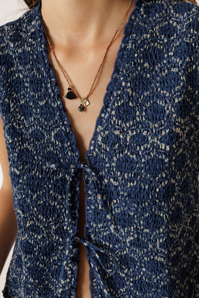 INDI AND COLD ELASTIC VEST WITH TIE INDIGO BLUE LACE TOP COTTON POLLYESTER 