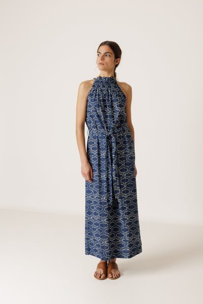 INDI AND COLD HALTER NECK DRESS COTTON POLYESTER INDIGO BLUE MAXI LACE DRESS