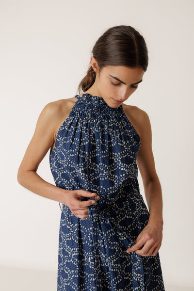 INDI AND COLD HALTER NECK DRESS COTTON POLYESTER INDIGO BLUE MAXI LACE DRESS