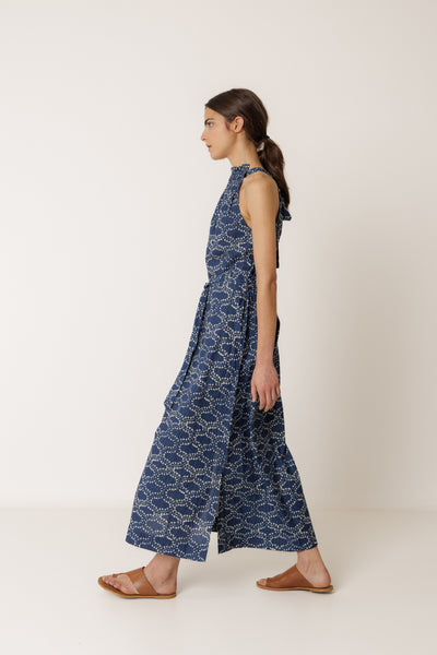 INDI AND COLD HALTER NECK DRESS COTTON POLYESTER INDIGO BLUE MAXI LACE DRESS