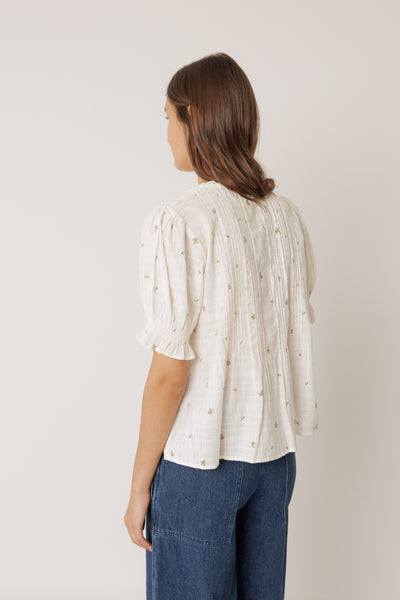INDI AND COLD SHORT SLEEVED ELASTIC SHIRT COTTON FLORAL ECRU IVORY