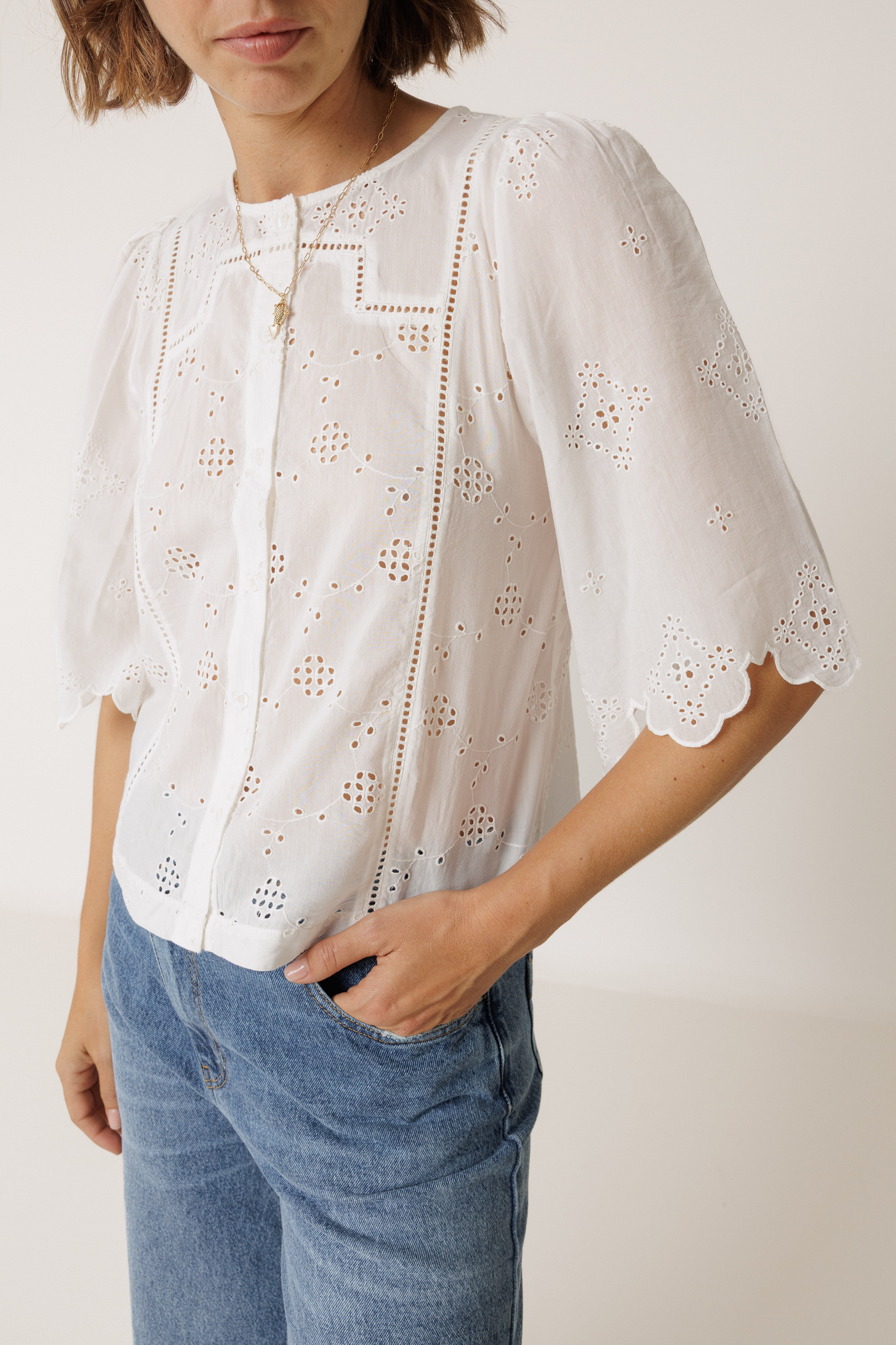 INDI AND COLD BOXY SHIRT WITH SCHIFFLI EMBROIDERY COTTON VISCOSE WHITE LACE