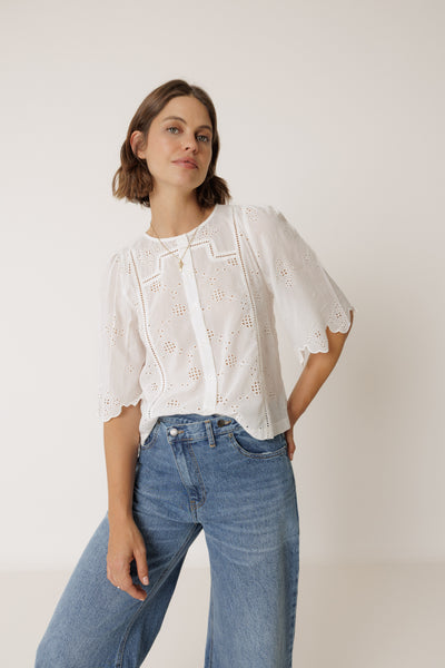 INDI AND COLD BOXY SHIRT WITH SCHIFFLI EMBROIDERY COTTON VISCOSE WHITE LACE