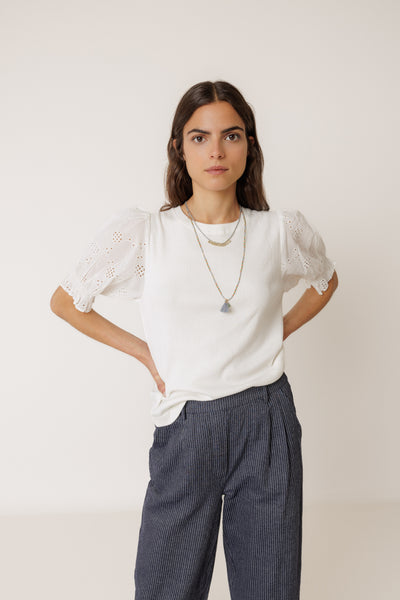 INDI AND COLD BALLOON SLEEVE TEE COTTON WHITE EMBROIDERY