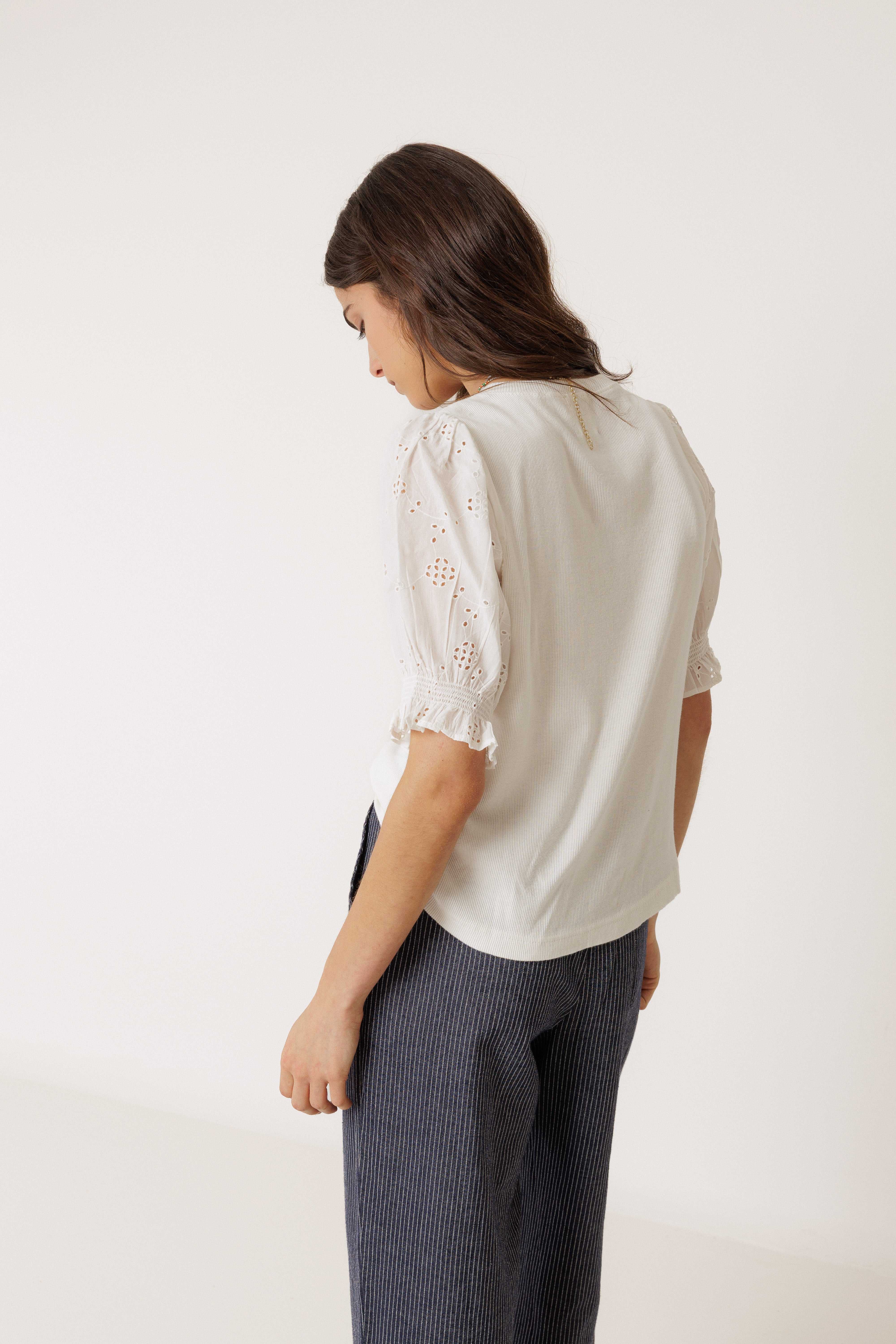 INDI AND COLD BALLOON SLEEVE TEE COTTON WHITE EMBROIDERY