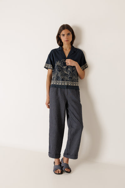 INDI AND COLD PLEATED PINSTRIPE TROUSER COTTON INDIGO BLUE STRIPE