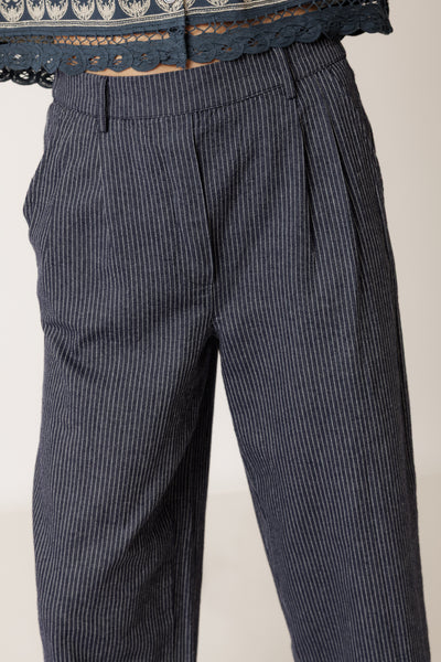 INDI AND COLD PLEATED PINSTRIPE TROUSER COTTON INDIGO BLUE STRIPE